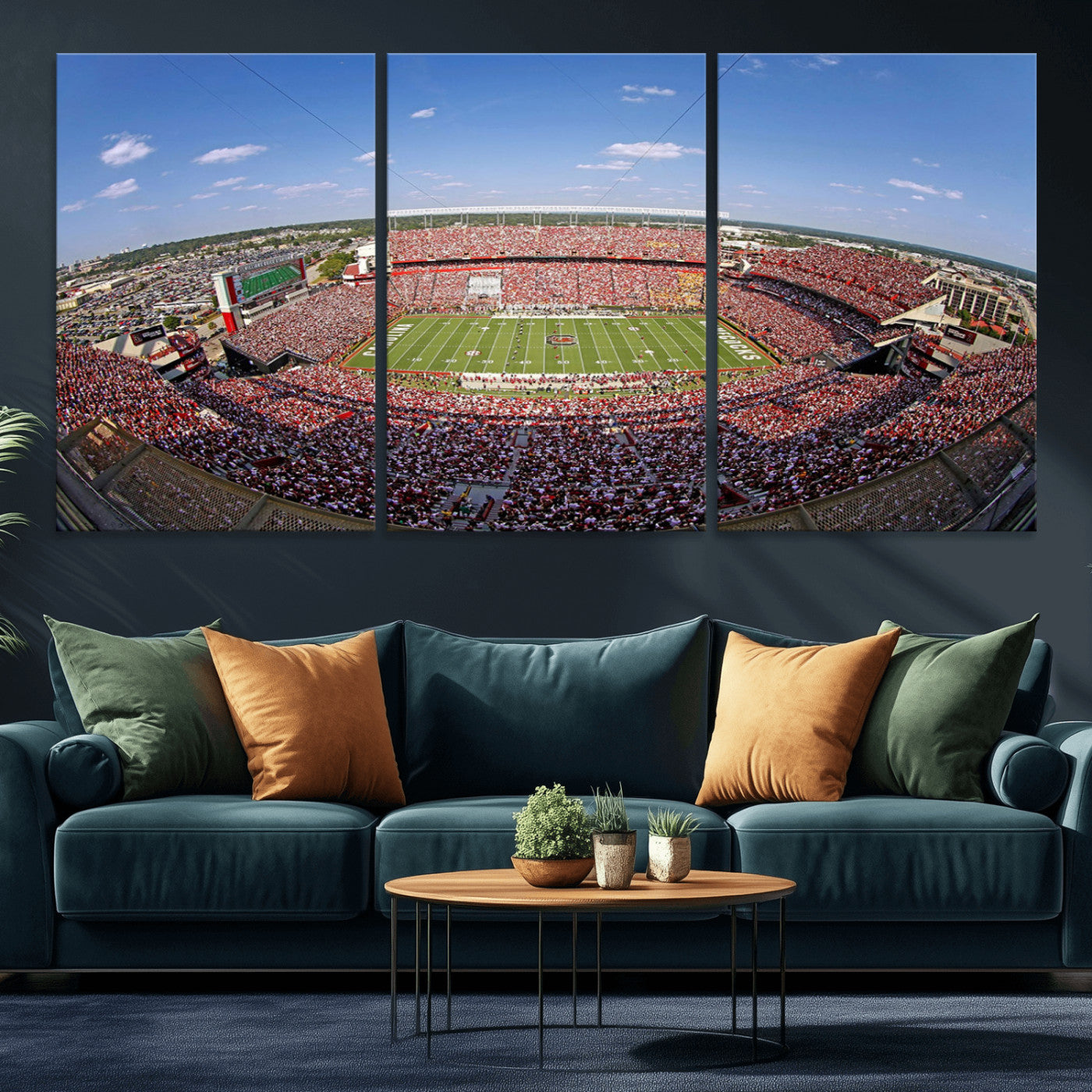 An William Brice-Stadium view of a full football stadium with cheering fans and clear blue skies, capturing the excitement and energy of the game.