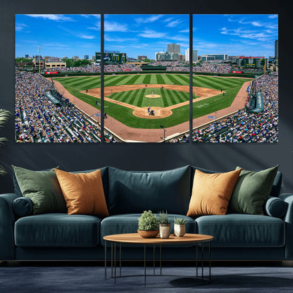 Wrigley Field Baseball Stadium Canvas Wall Art, Packed Crowd Sports Stadium Print, City Skyline Baseball Field Canvas for Game Room Decor