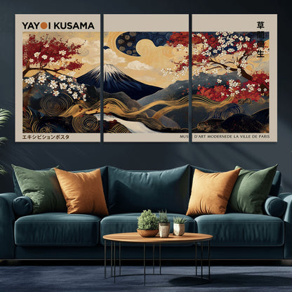 Yayoi Kusama's artwork featuring Mount Fuji, blooming cherry trees, and intricate swirls, blending traditional Japanese elements with vibrant color.