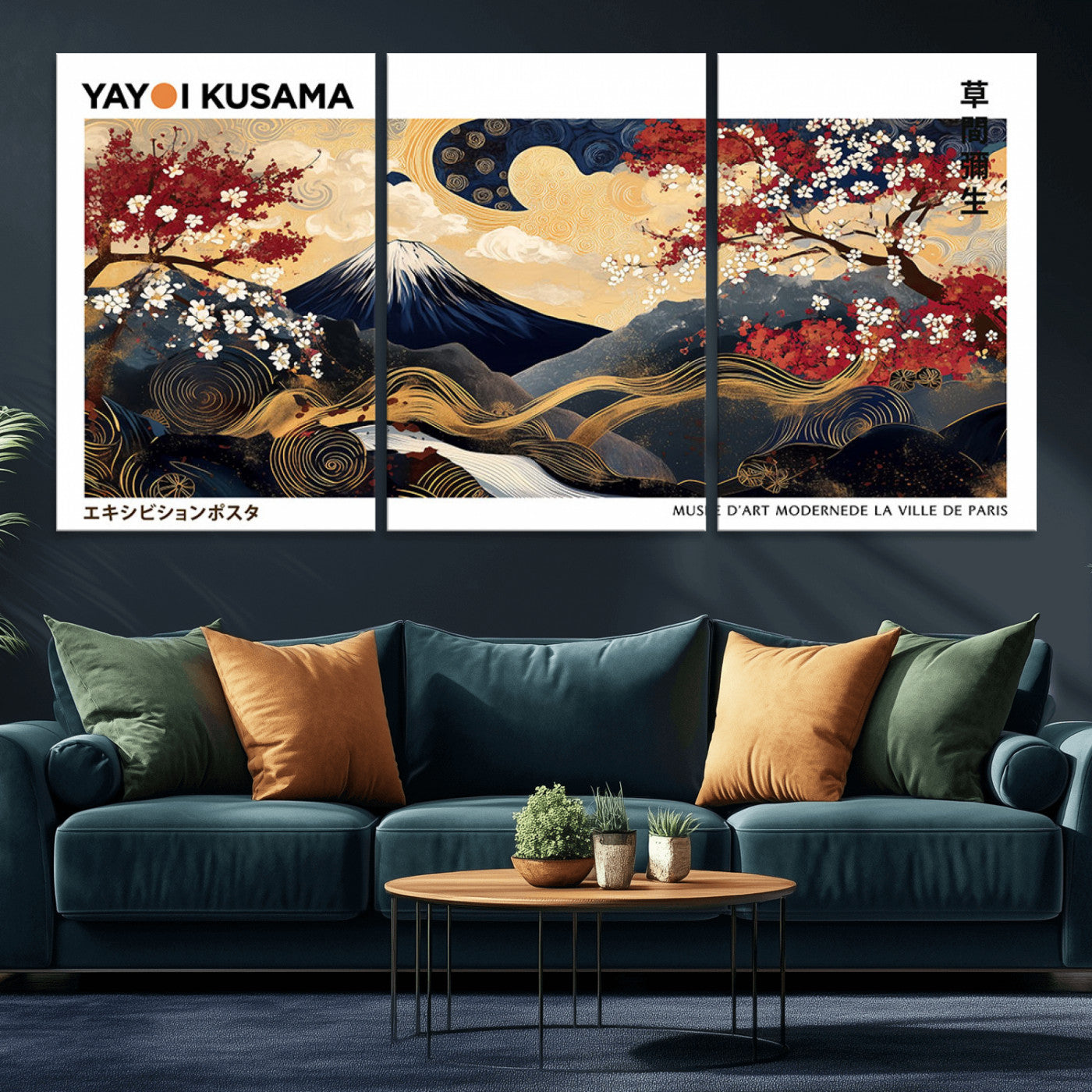 An artwork by Yayoi Kusama featuring Mount Fuji, blooming cherry blossoms, and swirling patterns in a harmonious blend of nature and art.