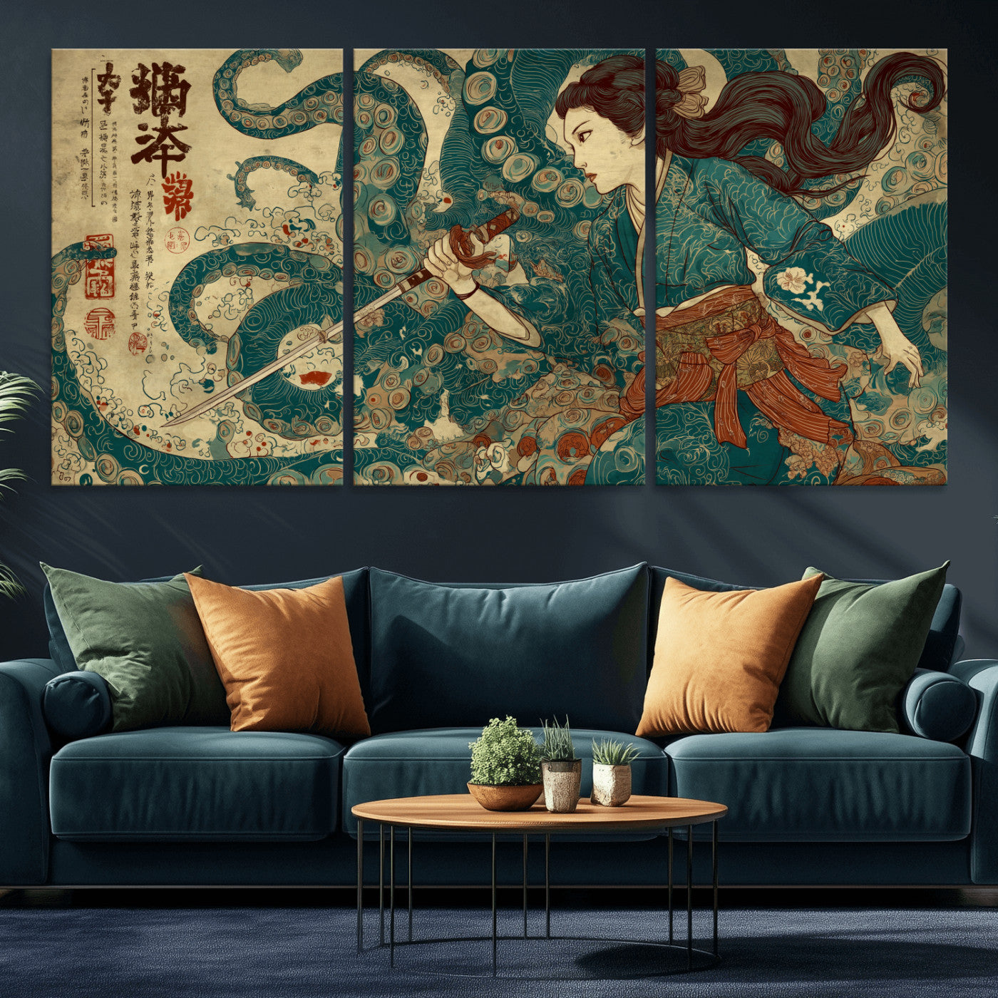 Tsukioka Yoshitoshi Samurai Wall Art Print, Japanese Katana Warrior Canvas Wall Art, Octopus Sea Monster Canvas Print,