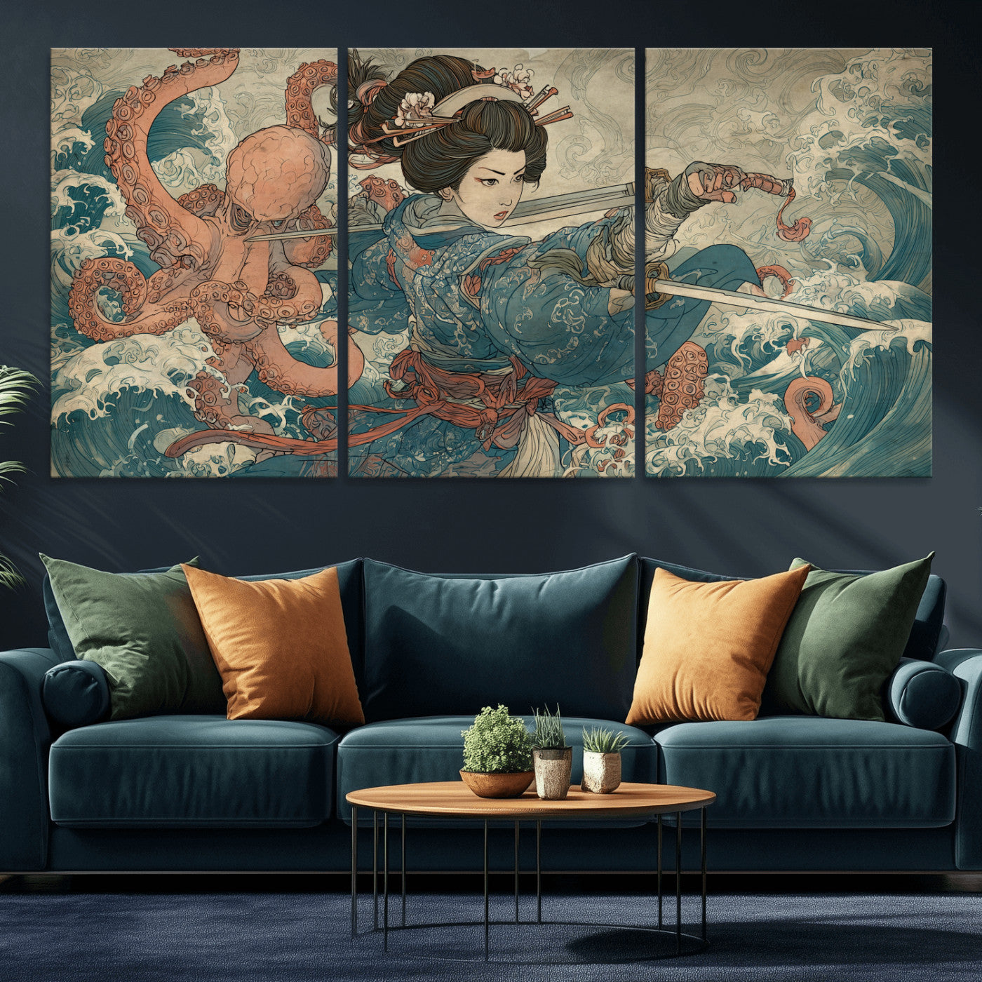 Tsukioka Yoshitoshi Samurai Wall Art Print, Japanese Katana Warrior Canvas Wall Art, Octopus Sea Monster Canvas Print,