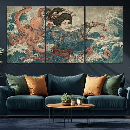 Tsukioka Yoshitoshi Samurai Wall Art Print, Japanese Katana Warrior Canvas Wall Art, Octopus Sea Monster Canvas Print,