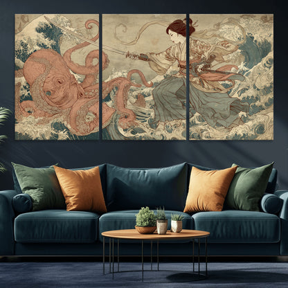 Tsukioka Yoshitoshi Samurai Wall Art Print, Japanese Katana Warrior Canvas Wall Art, Octopus Sea Monster Canvas Print,