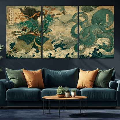 Tsukioka Yoshitoshi Samurai Wall Art Print, Japanese Katana Warrior Canvas Wall Art, Octopus Sea Monster Canvas Print,