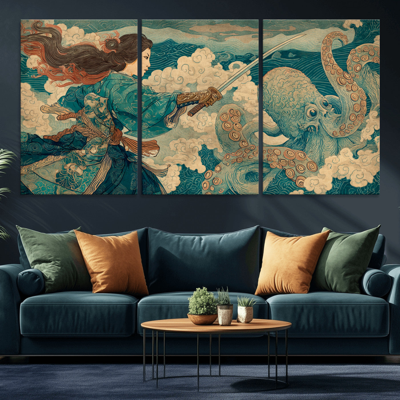 Tsukioka Yoshitoshi Samurai Wall Art Print, Japanese Katana Warrior Canvas Wall Art, Octopus Sea Monster Canvas Print,