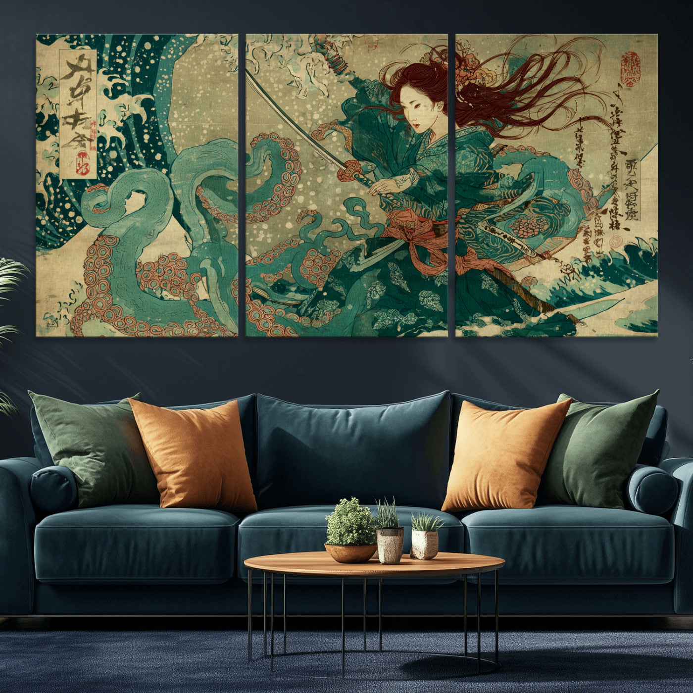Tsukioka Yoshitoshi Samurai Wall Art Print, Japanese Katana Warrior Canvas Wall Art, Octopus Sea Monster Canvas Print,
