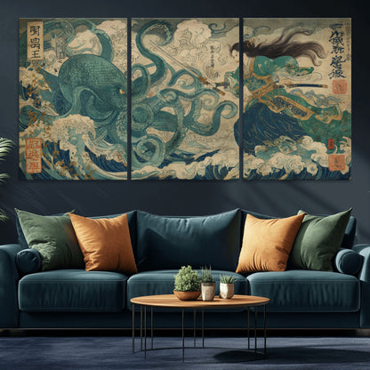 Tsukioka Yoshitoshi Samurai Wall Art Print, Japanese Katana Warrior Canvas Wall Art, Octopus Sea Monster Canvas Print,
