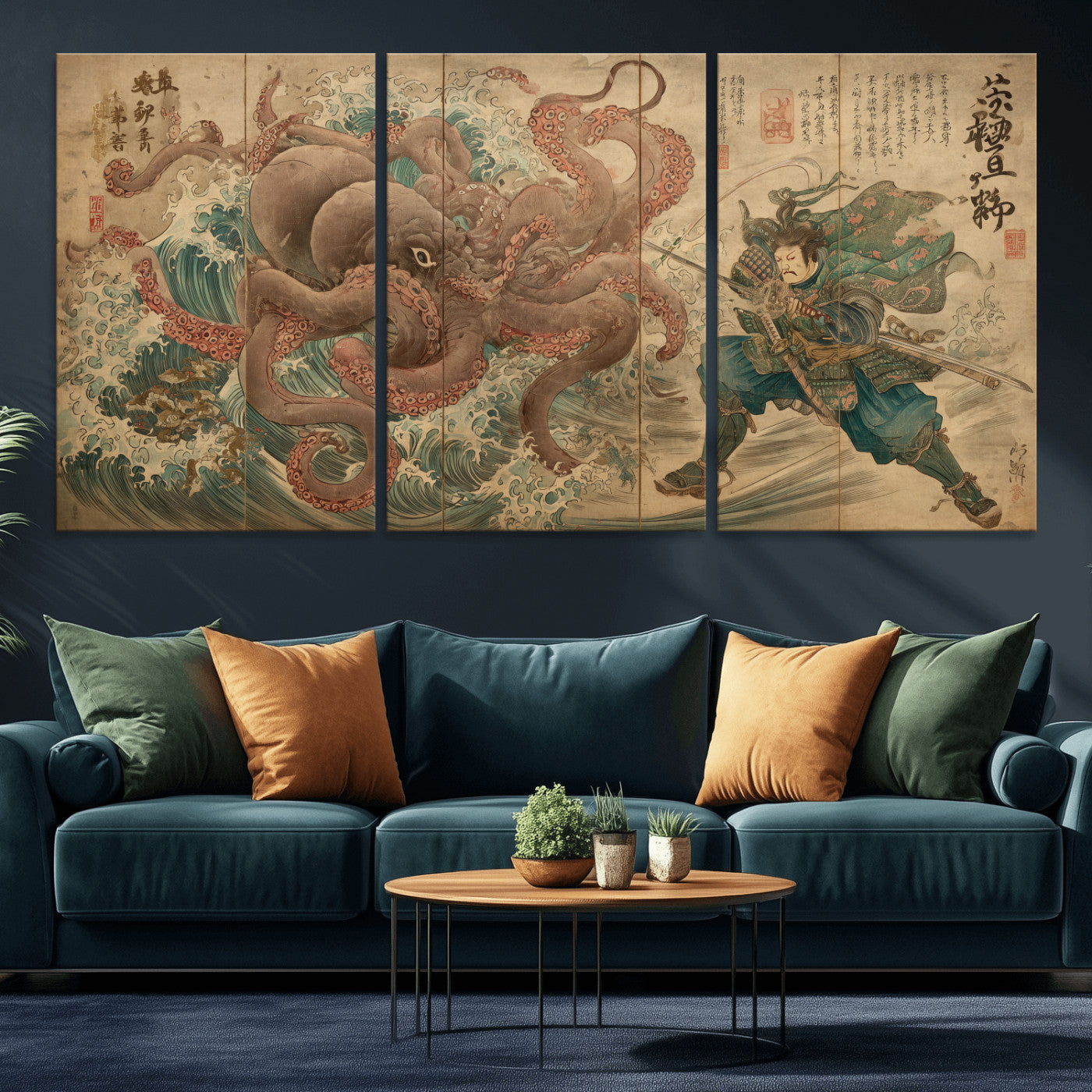 Tsukioka Yoshitoshi Samurai Wall Art Print, Japanese Katana Warrior Canvas Wall Art, Octopus Sea Monster Canvas Print,