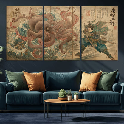 Tsukioka Yoshitoshi Samurai Wall Art Print, Japanese Katana Warrior Canvas Wall Art, Octopus Sea Monster Canvas Print,