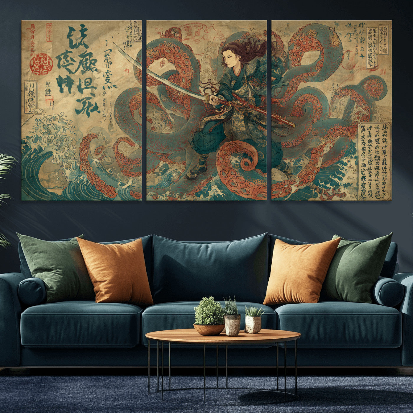 Tsukioka Yoshitoshi Samurai Wall Art Print, Japanese Katana Warrior Canvas Wall Art, Octopus Sea Monster Canvas Print,