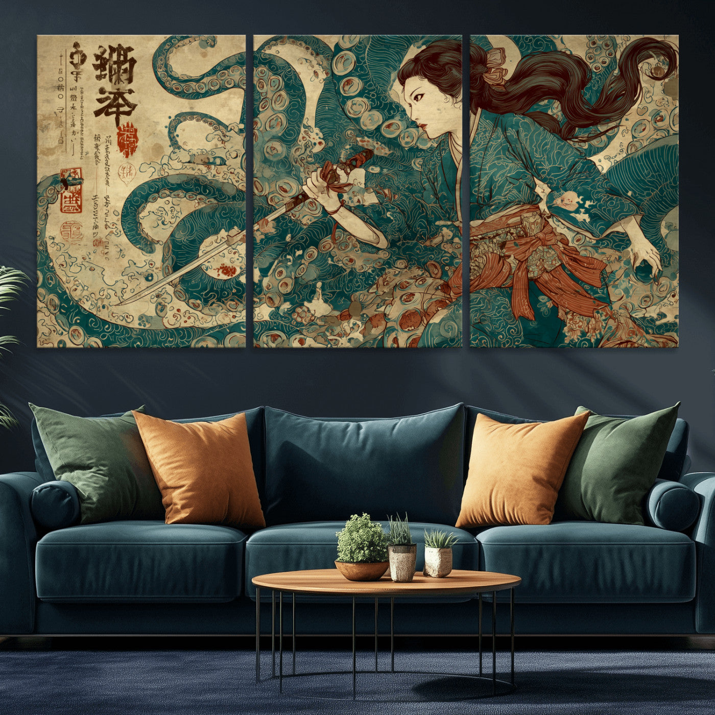 Tsukioka Yoshitoshi Samurai Wall Art Print, Japanese Katana Warrior Canvas Wall Art, Octopus Sea Monster Canvas Print,