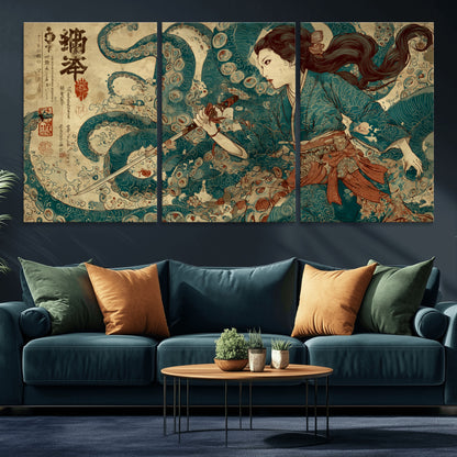 Tsukioka Yoshitoshi Samurai Wall Art Print, Japanese Katana Warrior Canvas Wall Art, Octopus Sea Monster Canvas Print,