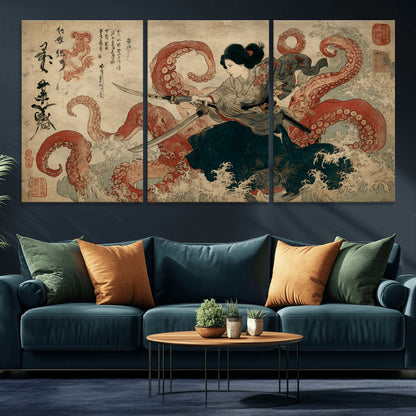 Tsukioka Yoshitoshi Samurai Wall Art Print, Japanese Katana Warrior Canvas Wall Art, Octopus Sea Monster Canvas Print,