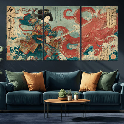 Tsukioka Yoshitoshi Samurai Wall Art Print, Japanese Katana Warrior Canvas Wall Art, Octopus Sea Monster Canvas Print,