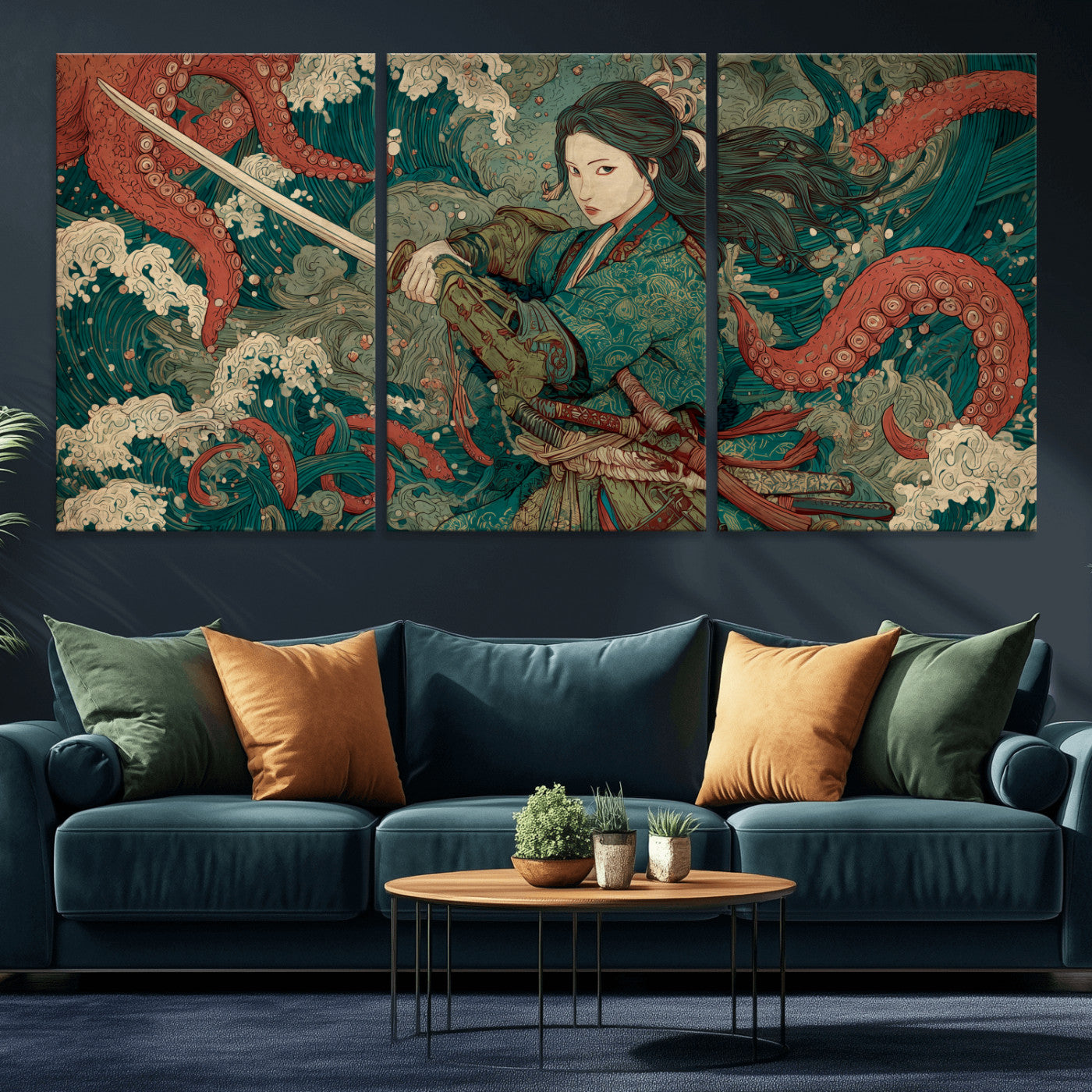 Tsukioka Yoshitoshi Samurai Wall Art Print, Japanese Katana Warrior Canvas Wall Art, Octopus Sea Monster Canvas Print,