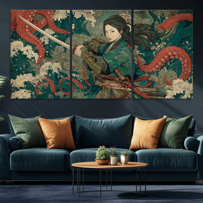 Tsukioka Yoshitoshi Samurai Wall Art Print, Japanese Katana Warrior Canvas Wall Art, Octopus Sea Monster Canvas Print,