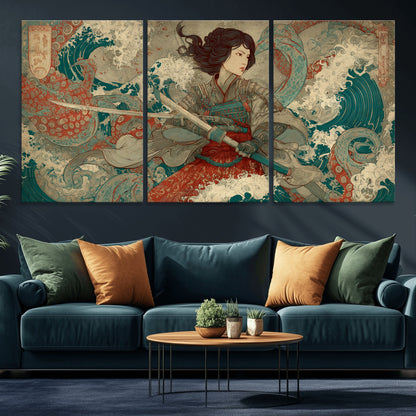 Tsukioka Yoshitoshi Samurai Wall Art Print, Japanese Katana Warrior Canvas Wall Art, Octopus Sea Monster Canvas Print,