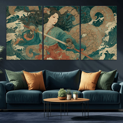 Tsukioka Yoshitoshi Samurai Wall Art Print, Japanese Katana Warrior Canvas Wall Art, Octopus Sea Monster Canvas Print,