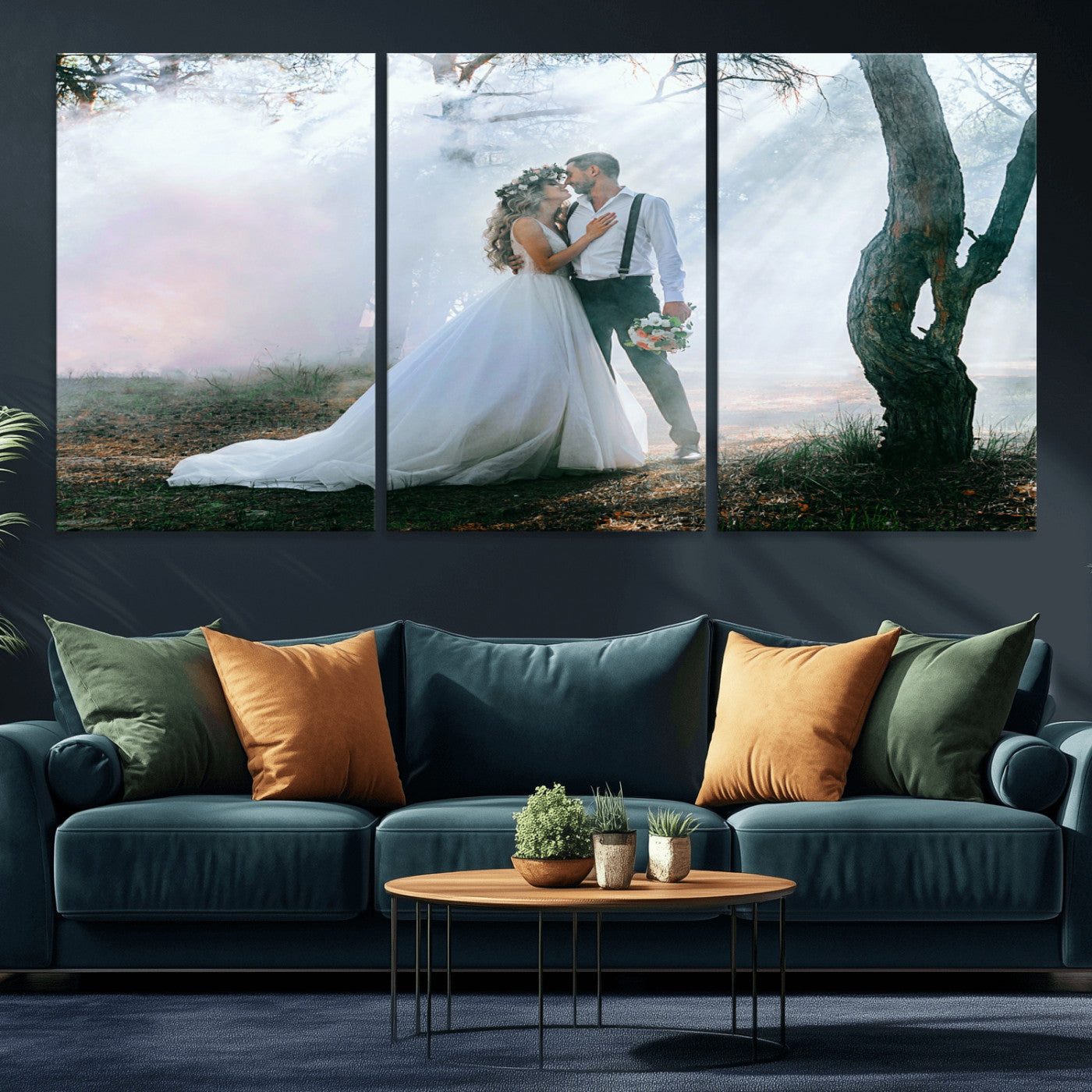 MGV-CV-60X30-3P - Forest Wedding Wall Art – Romantic Bride and Groom Canvas Print, Enchanted Woodland Photography Decor for Bedroom, Living Room, or Wedding Gift