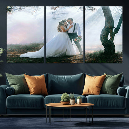 MGV-CV-60X30-3P - Forest Wedding Wall Art – Romantic Bride and Groom Canvas Print, Enchanted Woodland Photography Decor for Bedroom, Living Room, or Wedding Gift