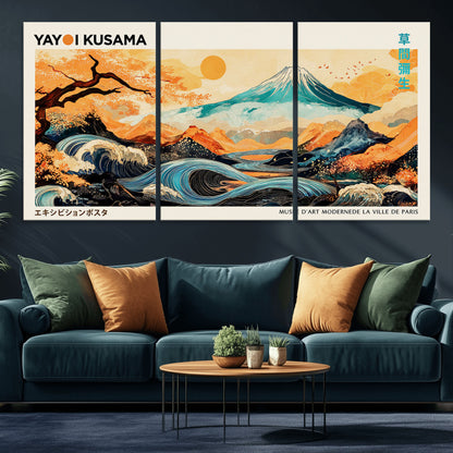 Modern Japanese-style art print featuring a stylized Mount Fuji, flowing waves, and vibrant landscapes in bold colors, inspired by traditional and contemporary aesthetics.