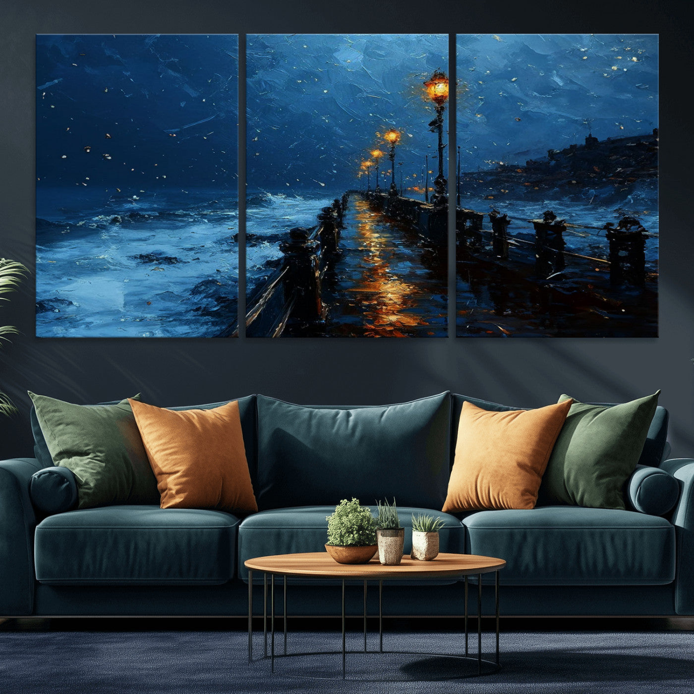 "Impressionistic painting of a rainy pier at night with glowing street lamps reflecting on the wet surface, ocean waves crashing under a dark blue sky."
