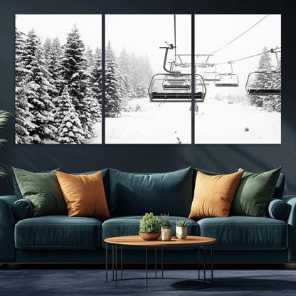 Black and white canvas of empty ski lifts over a snowy pine forest, perfect for minimal winter or ski lodge-inspired decor.