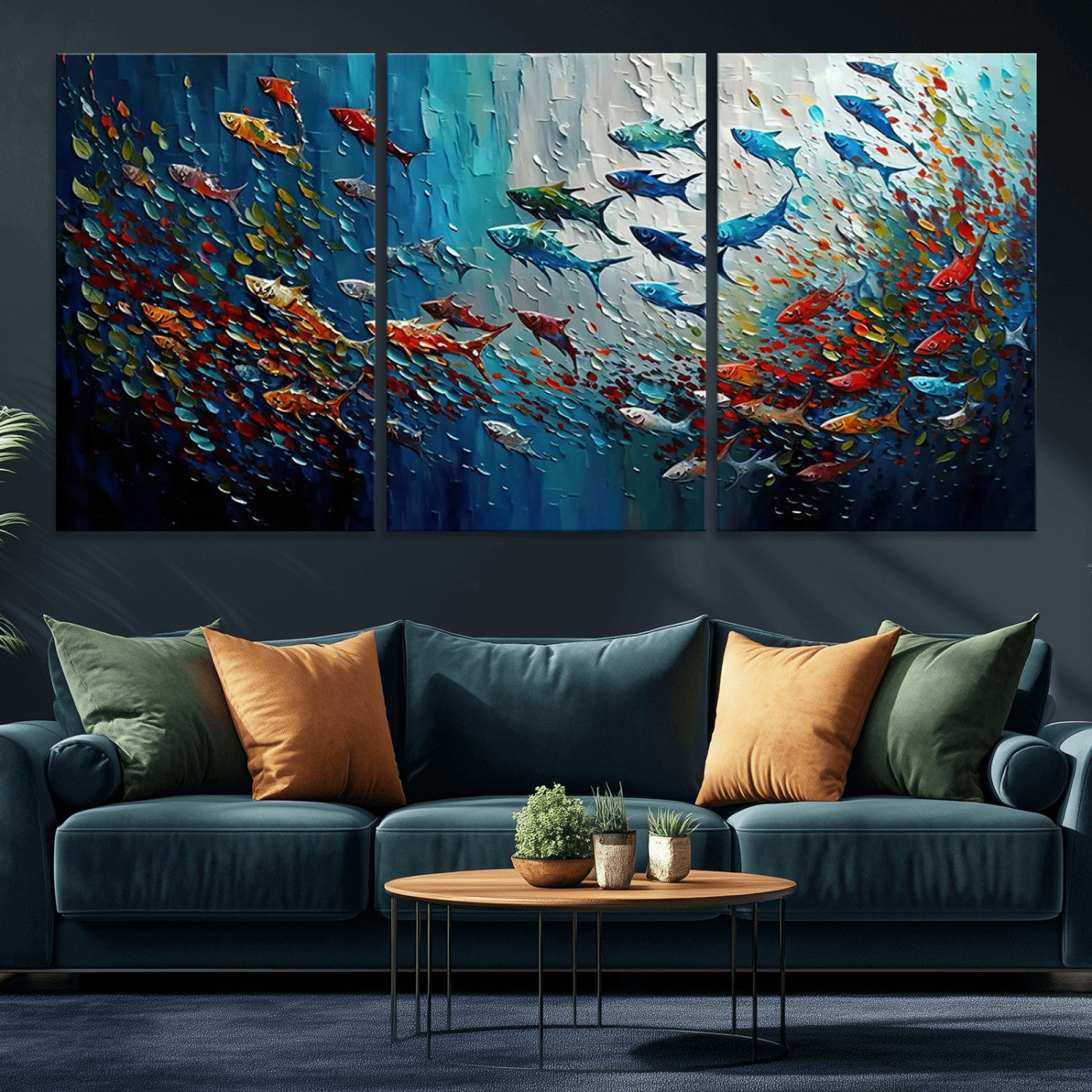 Colorful painting of fish swimming in abstract ocean swirls, perfect for vibrant marine-themed or expressive coastal home decor.