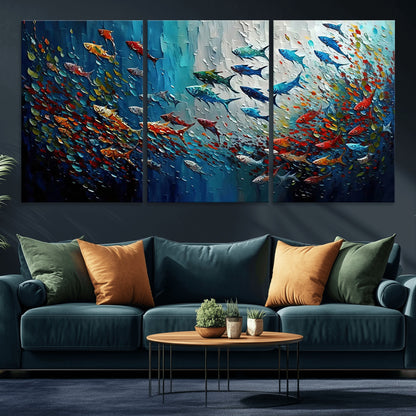 Colorful painting of fish swimming in abstract ocean swirls, perfect for vibrant marine-themed or expressive coastal home decor.