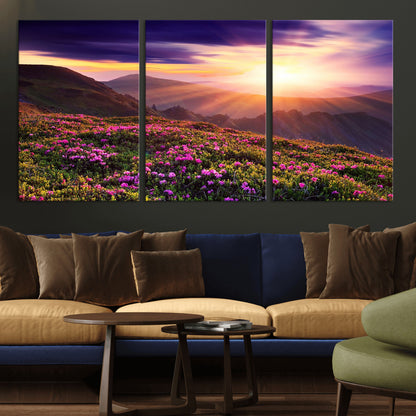 -Mountain Sunrise Wall Art – Vibrant Floral Landscape Canvas Print, Nature Home Decor for Living Room, Bedroom Office or Cabin
