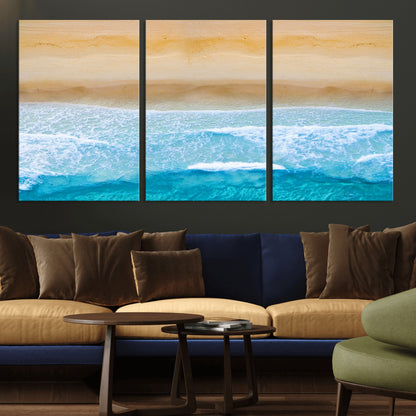 -Aerial Beach Wall Art – Serene Ocean Waves & Sandy Shore Canvas Print, Coastal Home Decor for Living Room, Bedroom or Office