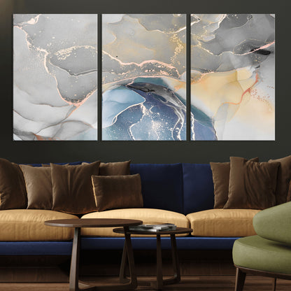 -Abstract Fluid Art Wall Decor – Blue, Gray & Gold Canvas Print, Modern Home and Office Wall Art Decor for Living Room, Bedroom or Workspace