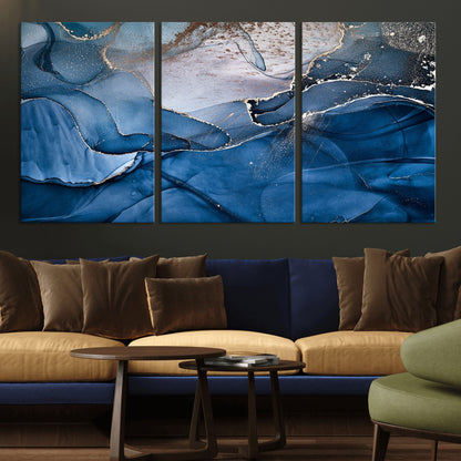-Abstract Blue Gold Fluid Art Wall Decor – Modern Canvas Print, Elegant Home & Office Wall Art, Stylish Living Room or Bedroom Decoration