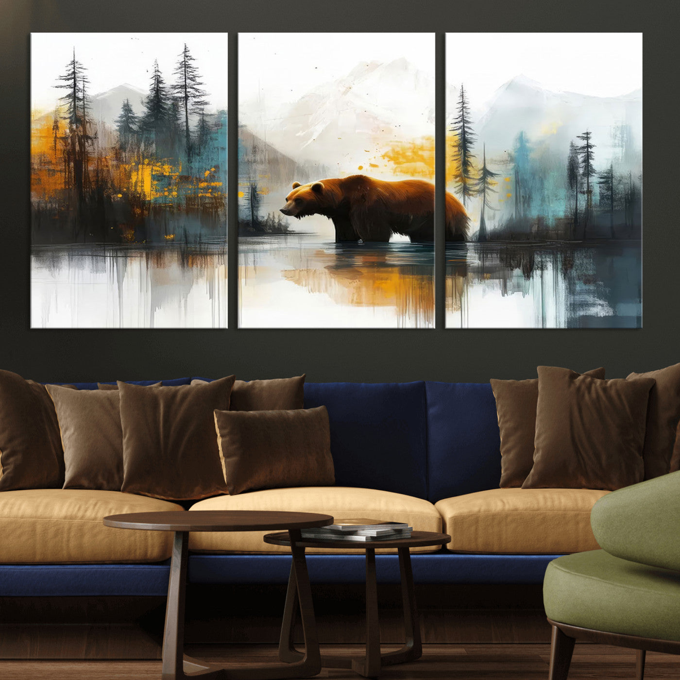 A majestic bear stands by the serene waters of a misty forest, surrounded by towering trees and distant mountains, evoking the raw beauty and wild spirit of nature.
