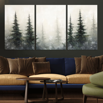 Soft and misty pine forest painting in neutral earthy tones, ideal for calm woodland or minimalist rustic home decor.
