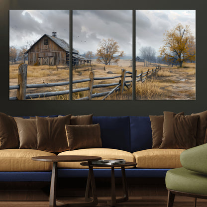 A tranquil rural scene featuring a rustic barn, overcast skies, and golden fields with scattered trees, evoking a sense of peaceful solitude in nature.