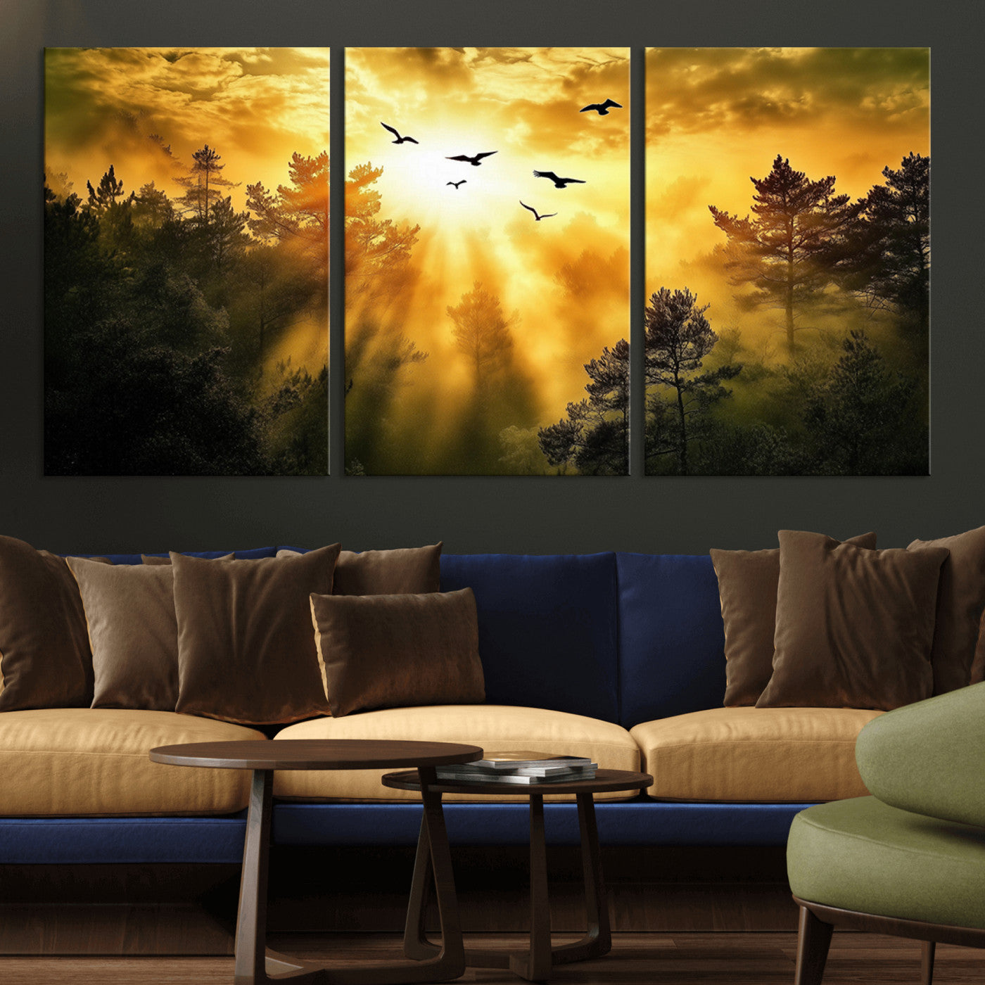 Canvas of a golden forest at sunset with birds flying through glowing sunbeams and silhouetted pine trees, ideal for warm-toned rustic decor.