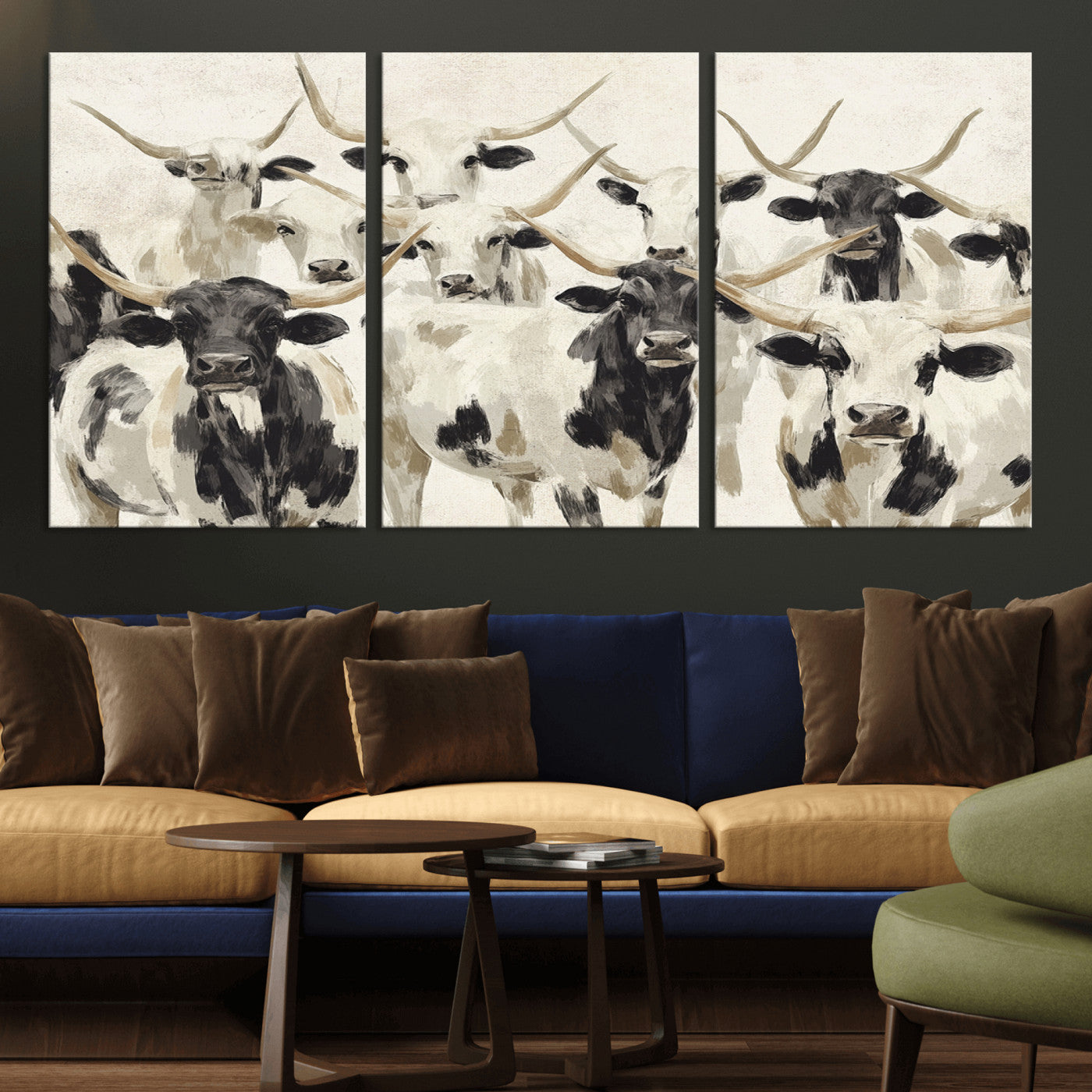 Canvas of a Texas Longhorn cattle herd in neutral black and white tones, ideal for rustic farmhouse or western-themed decor.