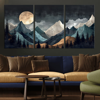 Stylized canvas of layered mountains under a full moon in neutral moody tones, ideal for nature-inspired or modern rustic interiors.