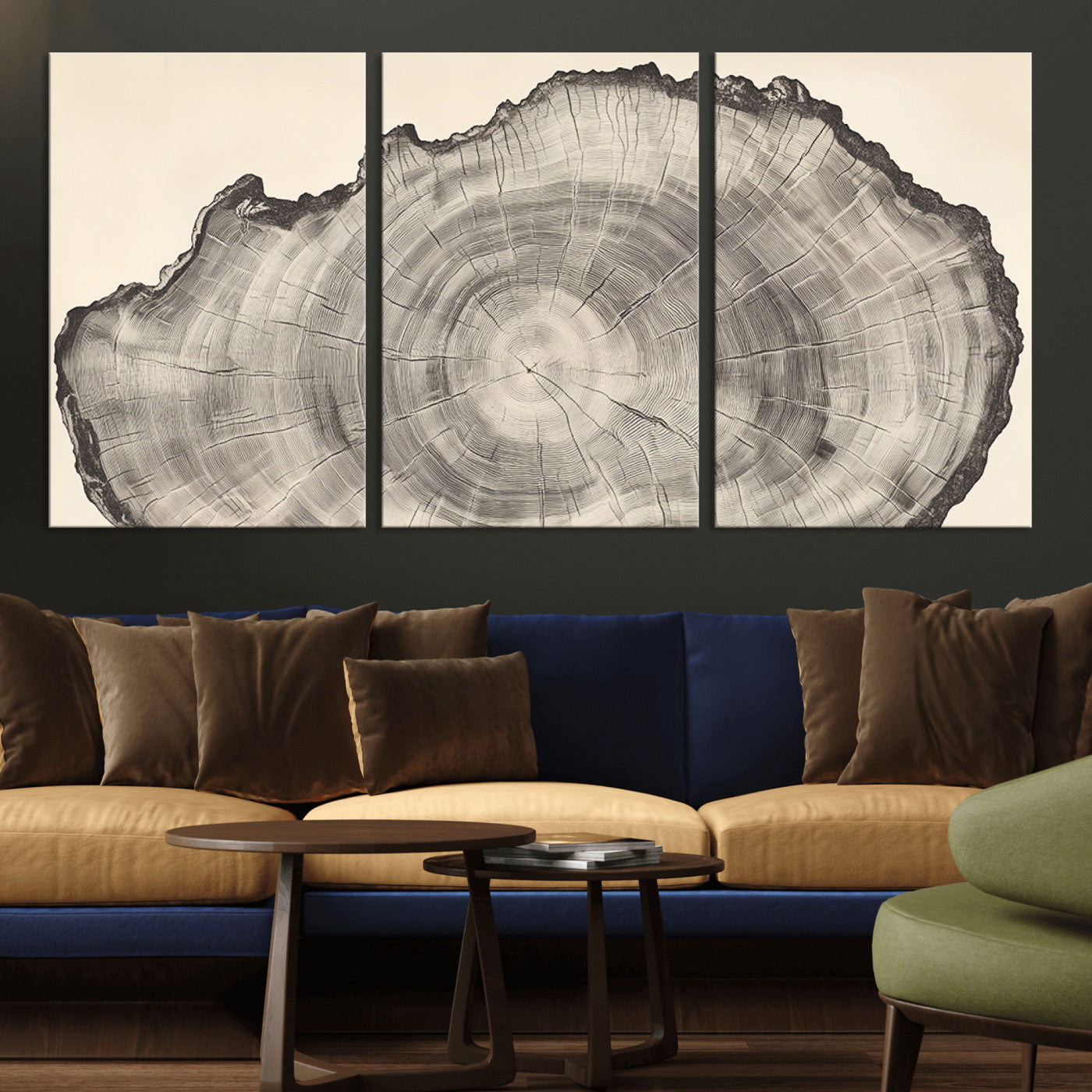 Detailed tree ring drawing in monochrome tones, ideal for rustic or nature-inspired interiors with a minimal decor aesthetic.