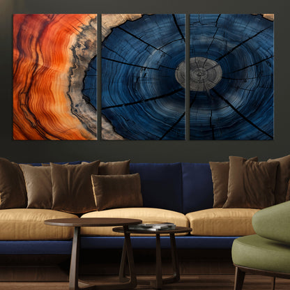 A captivating close-up of a tree trunk, showcasing its concentric rings in rich shades of blue, orange, and brown, highlighting the organic patterns of natural wood.