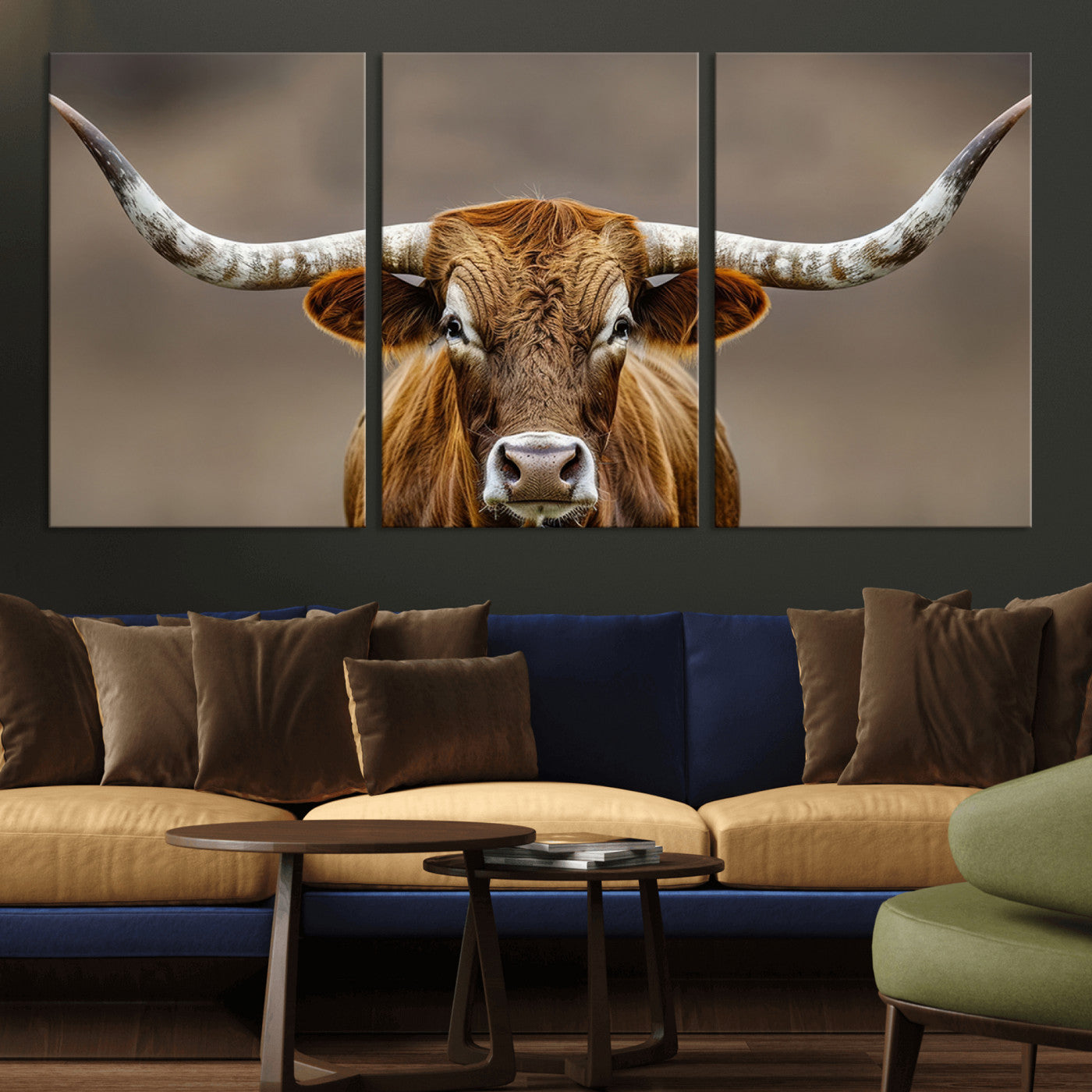 Close-up of a Texas Longhorn with strong curved horns and warm brown tones, perfect for rustic or western-style wall decor.