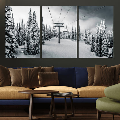 Canvas of a snowy ski lift scene through a forest of tall pine trees, ideal for moody winter or alpine-themed home decor.