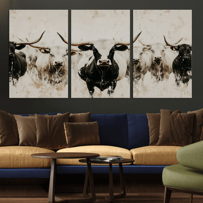 Illustrated herd of longhorn cattle in black and white tones with a neutral textured background, perfect for rustic or farmhouse-style decor.