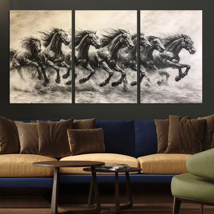 Monochrome drawing of a herd of galloping horses, perfect for dynamic and wild-themed decor in any equestrian or nature-inspired room.