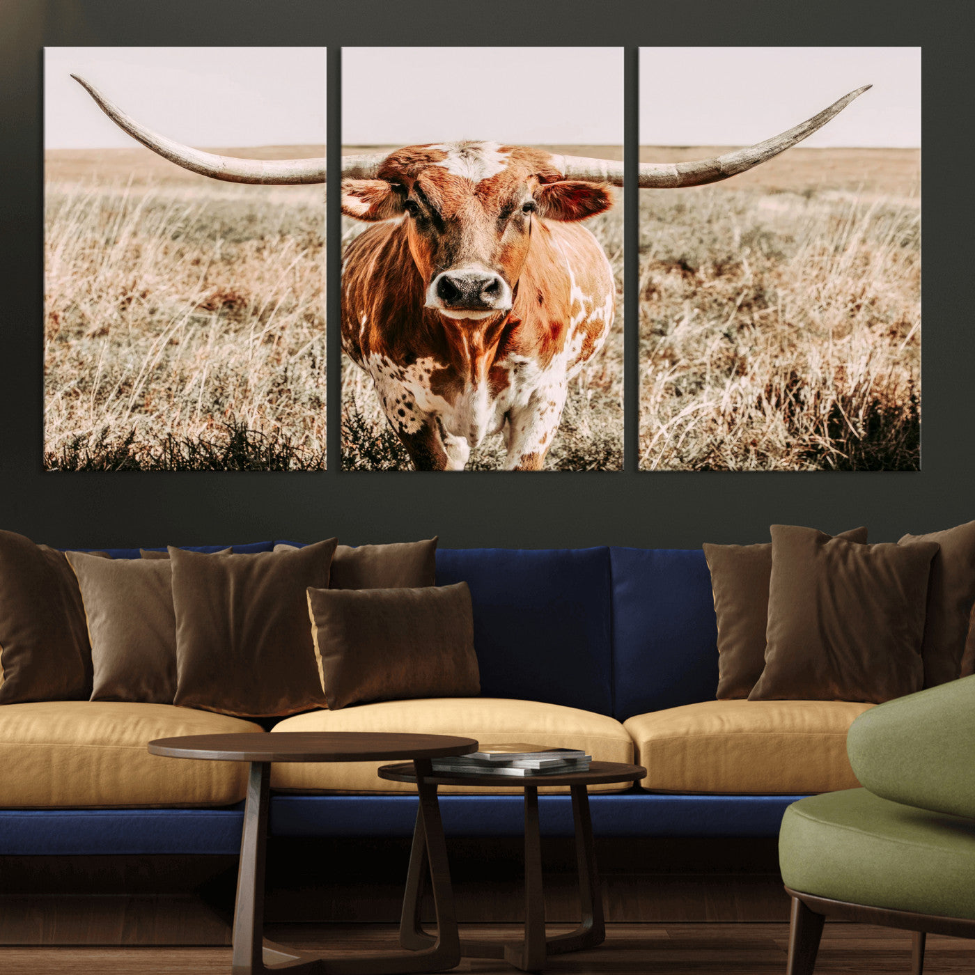 Framed longhorn cow canvas wall art with rustic prairie background, western animal print perfect for farmhouse or ranch style decor