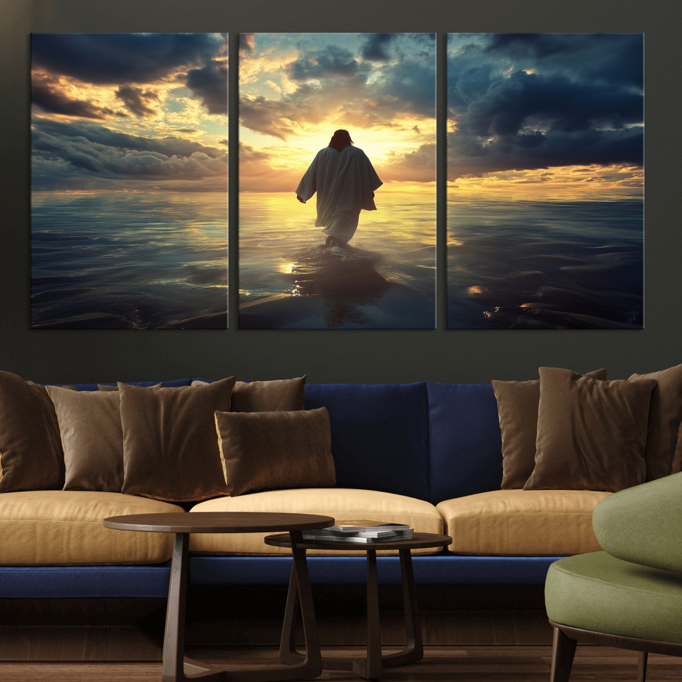 Spiritual artwork of Jesus walking on water at golden hour with divine light, ideal for Christian home decor or prayer room.