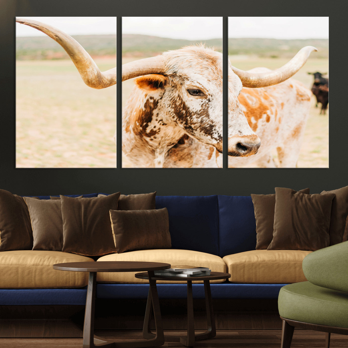 Close-up of a speckled Texas Longhorn in warm prairie tones, perfect for rustic western or countryside-themed room decor.