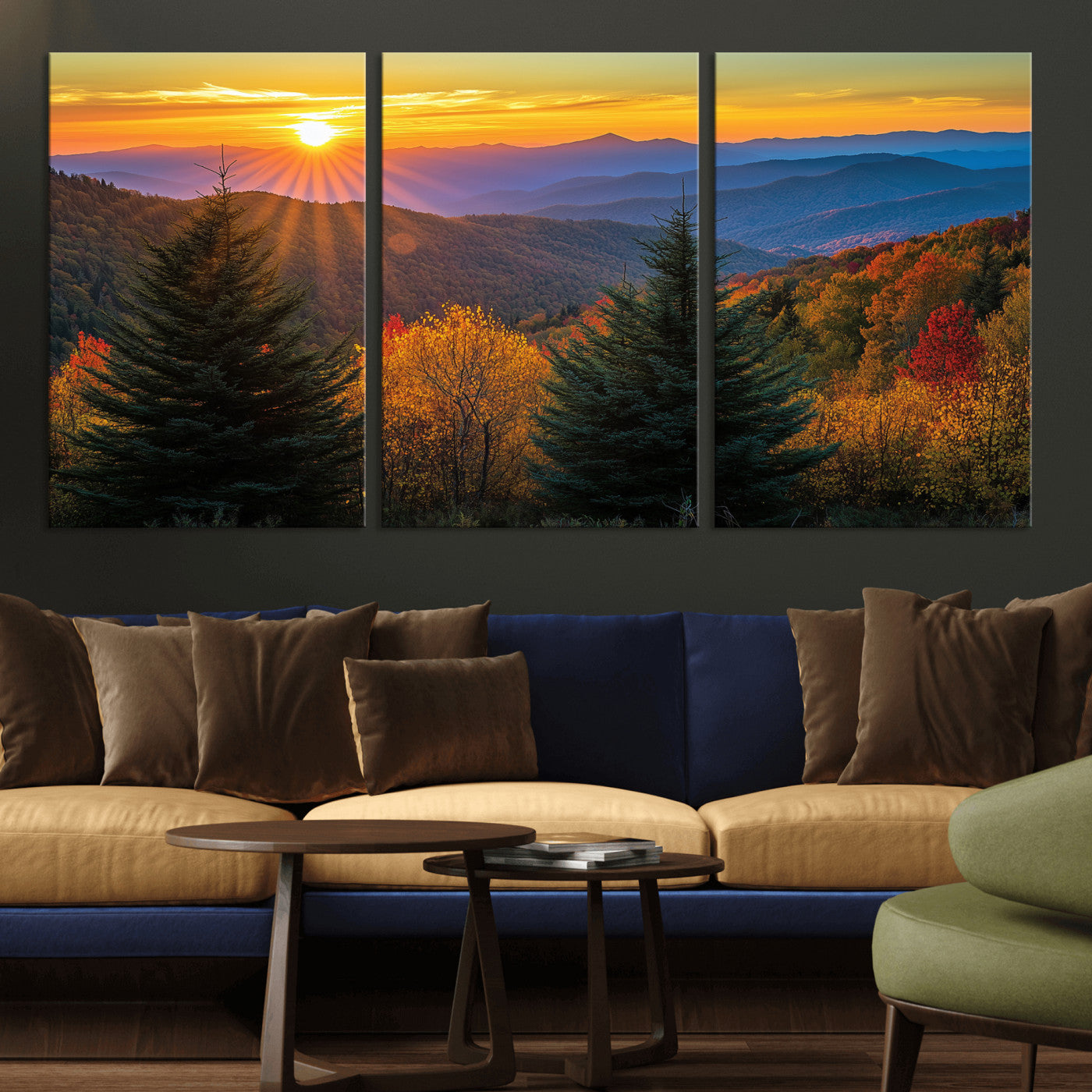 Vibrant sunset over autumn mountains with colorful trees and warm light, ideal for nature lovers or cabin-style wall decor.